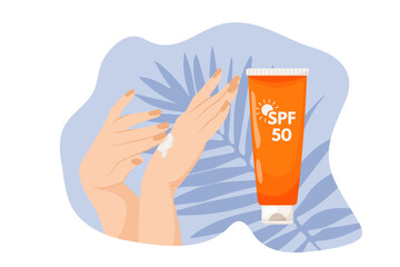 Women's hands apply cream on blue background with palm leaves. Sunscreen moisturizer, sunscreen, sunscreen, skin protection and UV blocking. Vector illustration