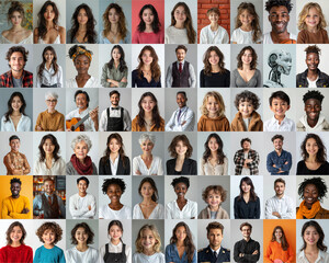 composite portrait featuring headshots of diverse women of all ages, genders, and ethnicities against a white gray and colorful flat background, celebrating inclusivity and diversity. - obrazy, fototapety, plakaty