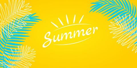 Fototapeta na wymiar Banner for summer party, sale in trendy bright yellow and green colors with tropical leaves. Tropical background with lettering and palm leaves. Vector illustration