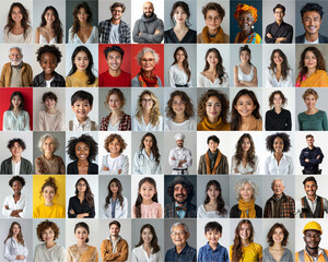 Obraz premium composite portrait featuring headshots of diverse women of all ages, genders, and ethnicities against a white gray and colorful flat background, celebrating inclusivity and diversity.