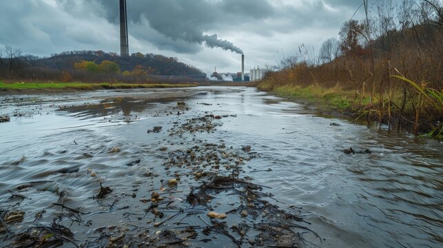 A muddy river near a coal power plant versus a clear flowing river near a biofuel refinery suggesting the impact of each on water pollution and conservation. .