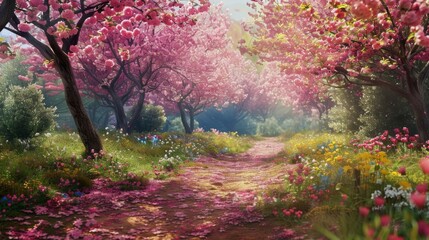A dazzling display of natures beauty a cherry orchard bursting with bold bright flowers