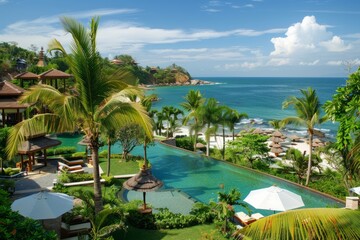 Fototapeta premium A luxury beachfront resort with palm-fringed villas, infinity pools, and direct access to pristine white sand beaches, Generative AI