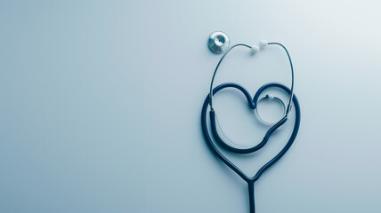 A stethoscope laid out in the shape of a heart on a blue background, suggesting healthcare love.