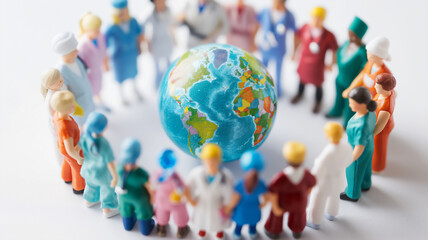 Miniature figures surrounding a small globe, representing global community and diversity. - obrazy, fototapety, plakaty