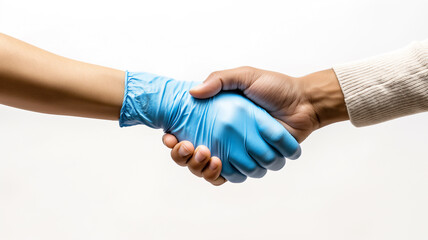 Two hands in a handshake, one wearing a blue protective glove, isolated on white.