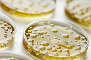 Close-up of yellowish bacteria cultures in nutrient agar showing bubble formations and colony...