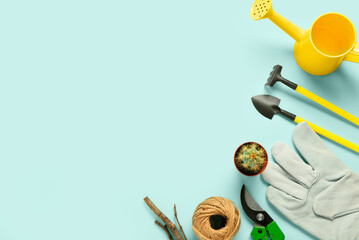 Cactus and set of gardening tools on cyan background