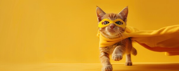 superhero canine Adorable jumping and flying orange tabby cat wearing a yellow mask and cloak against a soft yellow background.