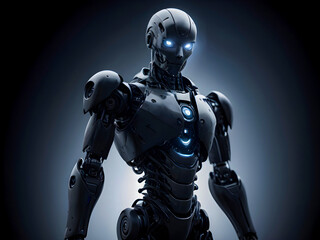 Futuristic Modern Humanoid Robot in a Dark Room, Artificial Intelligence with robot engineering