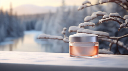 Obraz na płótnie Canvas 3D visualization of protective skin balm, blurred snowy landscape backdrop,
