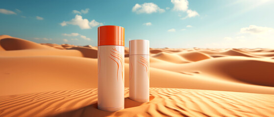 3D visualization of sunscreen sprays, flat, sandy desert background, - obrazy, fototapety, plakaty
