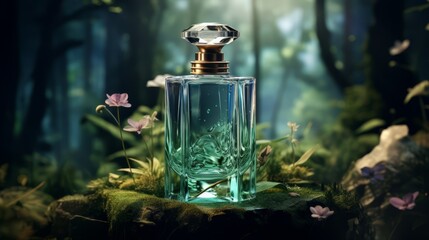 3D visualization of a sleek perfume design in a mystical, blurred enchanted forest, - obrazy, fototapety, plakaty