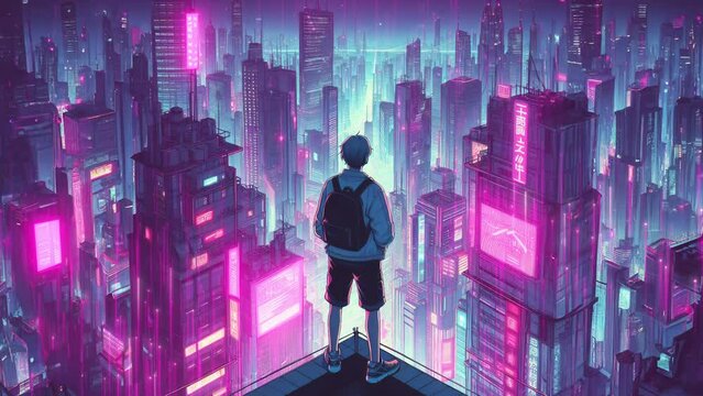 Anime-style boy standing at the top of the building, looking at the cyberpunk neon light city illustration background