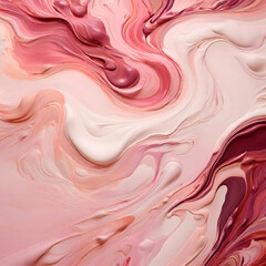 Beautiful abstraction of liquid paints in slow blending flow mixing together gently, pink tone
