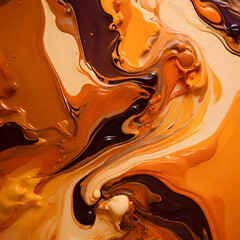 Beautiful abstraction of liquid paints in slow blending flow mixing together gently, orange tone