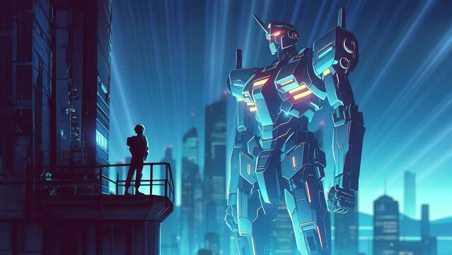 Anime-style boy Standing in front of a big, giant mecha robot, cyberpunk city, 90x anime, mecha illustration background