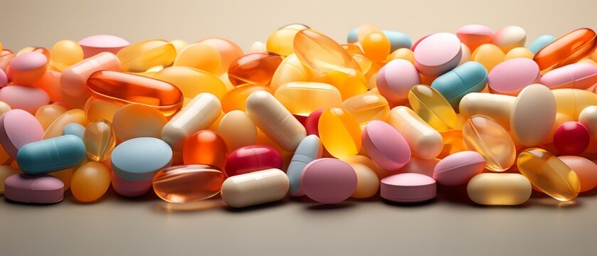 3D image of assorted skin nourishing vitamins, minimalist flat background in pastel tones,