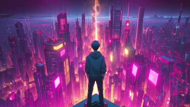 Anime-style boy standing at the top of the building, looking at the cyberpunk neon light city illustration background