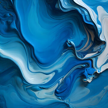 Beautiful abstraction of liquid paints in slow blending flow mixing together gently, blue tone