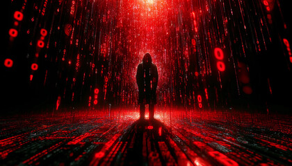 A dark web theme with a powerful visual twist. Dominating the foreground, a torrent of bright red ones and zeros falling code in front of a hodded cyber crime hacker figure