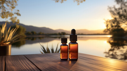 3D rendering of essential oils for skin health, blurred serene lake background,