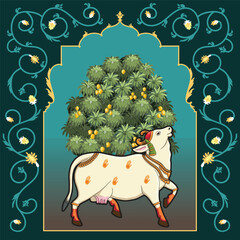 Indian Rajasthani Miniature painting with Happy looking up Pichwai cow - obrazy, fototapety, plakaty