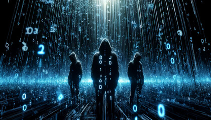 A dark web cyber crime hacker concept with three hooded figures shrouded in mystery and anonymity, standing against the digital background