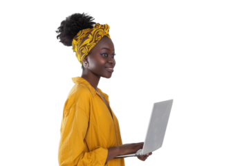 Young Woman with Laptop on Transparent Background