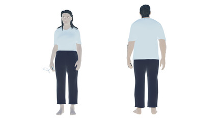 2 person standing back to back and front of the camera 3d rendered image