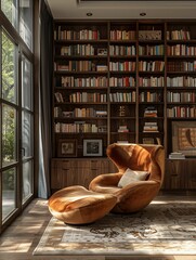 Obraz na płótnie Canvas Cozy Home Library Interior with Modern Armchair and Sunlight
