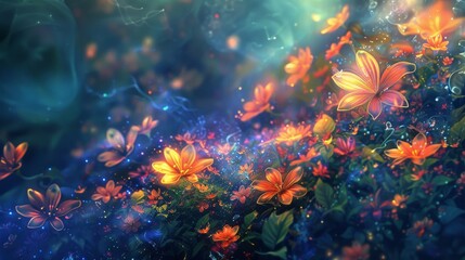 Fototapeta na wymiar Psychic Garden: Surreal Artwork of Vibrant, Luminescent Flora