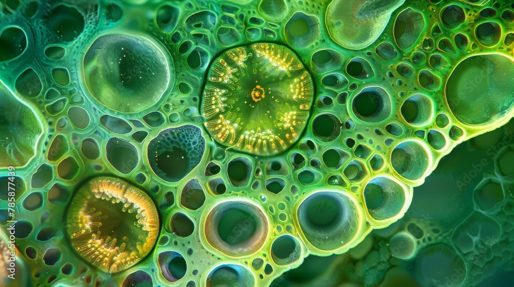 Poster the intricate internal structure of a freshwater euglenoid showing its segmented nucleus and numerou