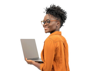 Young Woman with Laptop on Transparent