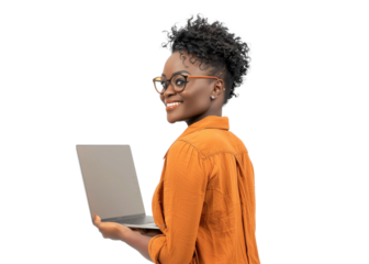 Young Woman with Laptop on Transparent