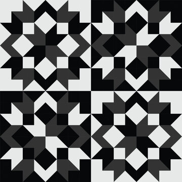 A classic black and white quilt pattern featuring squares and stars on a white textile background. Vector illustration.