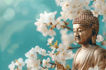Vesak Day is holy day for Buddhists. Happy Buddha Day with Siddhartha Gautama statue with white flowers on blue background. Mental health and meditation concept. copy space with generative ai 
