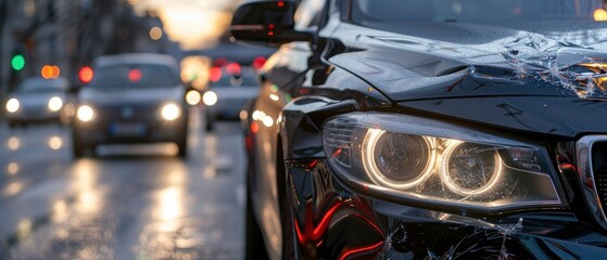 the front end of a black car after an accident, with traffic in the background with damaged headlights and dents in the hood