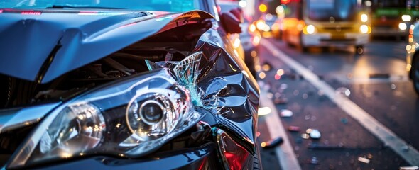 the front end of a black car after an accident, with traffic in the background with damaged headlights and dents in the hood - obrazy, fototapety, plakaty