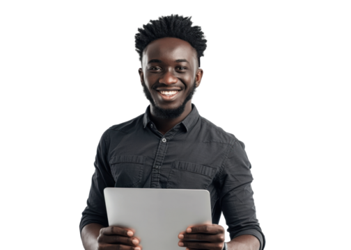 Smiling Man with Tablet on Transparent