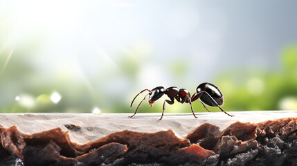 Macro photography of A colony of ants carrying food back to their underground nest ecosystem
