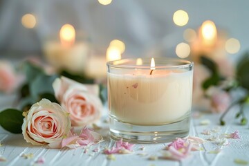 a white background with a fragrant candle - obrazy, fototapety, plakaty