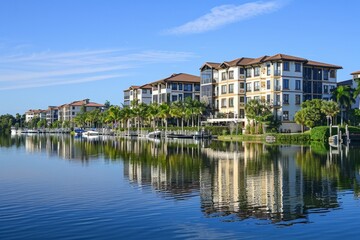 Obraz premium A waterfront condominium complex overlooking a serene lake or ocean, with luxury apartments, private marinas, and resort-style amenities, Generative AI