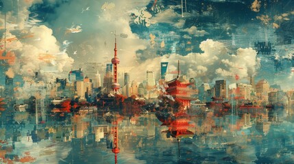 Global Fusion: Surreal Cityscape of Cultural Symbols - obrazy, fototapety, plakaty