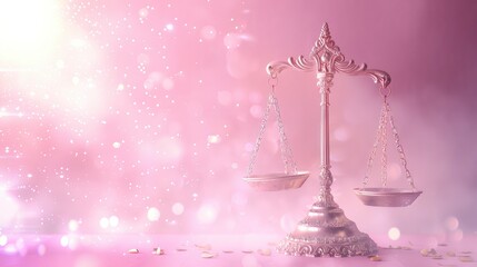 a balance ring scale, holy, dazzling, soft pink background, with bright white light