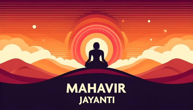 Illustration for mahavir jayanti with a silhouette of mahavira in meditation.