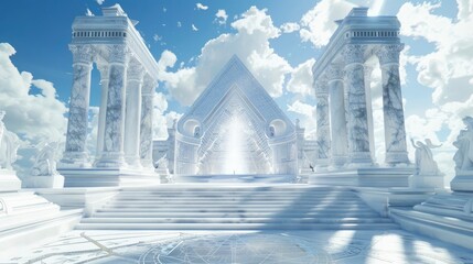 The temple is a bright white structure surrounded by spiritually significant geometry.
