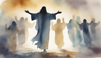 Watercolor painting of Jesus Christ appears to his followers. - obrazy, fototapety, plakaty