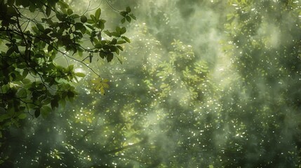 Hazy light filters through the thick vegetation creating a tranquil and peaceful mood in this defocused view of a natural camouflage canopy. . - obrazy, fototapety, plakaty