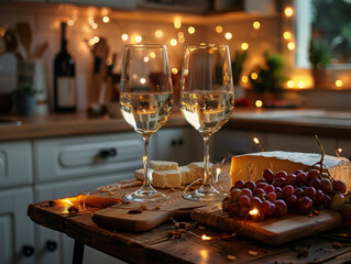 Cheese, fruits, bottles and glasses with wine.